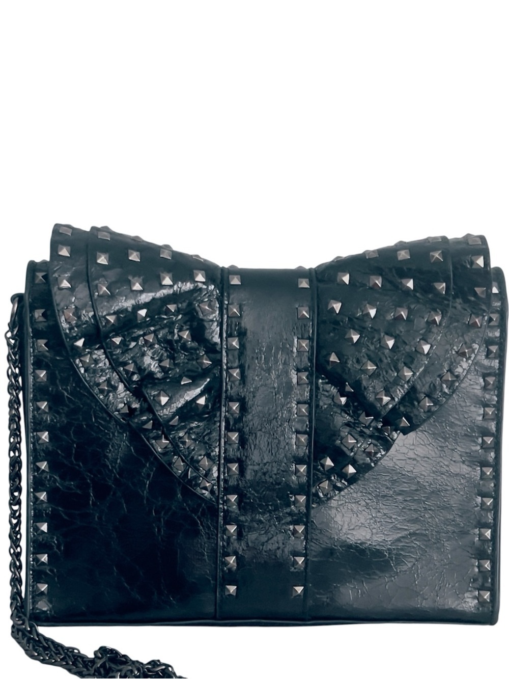 INZI Patent Leather Studded Ruffle Bow Chain Strap Crossbody Shoulder Bag Black - Picture 4 of 14
